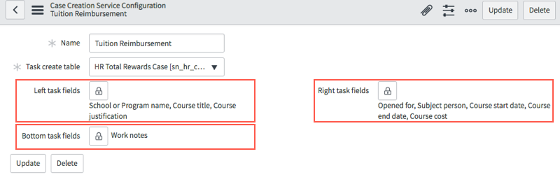 Renseignez les champs pertinents sur le formulaire de configuration de création de tickets&nbsp;RH.