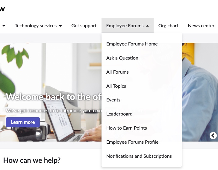 Le module d’extension Communautés inclut un élément de menu prêt à l’emploi pour les forums des employés