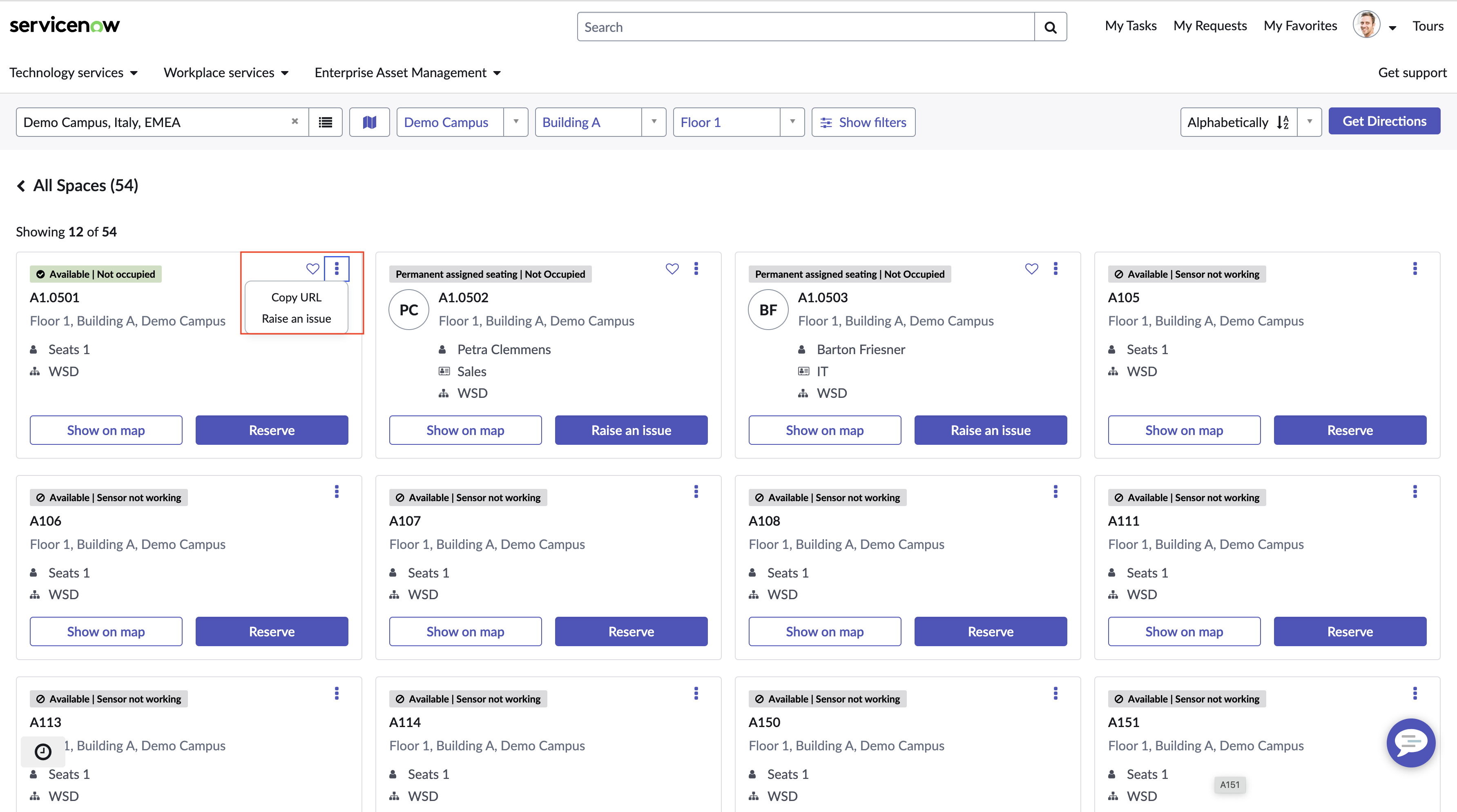 Vue de carte affichant les options Copier l’URL et Soulever un problème pour un espace.
