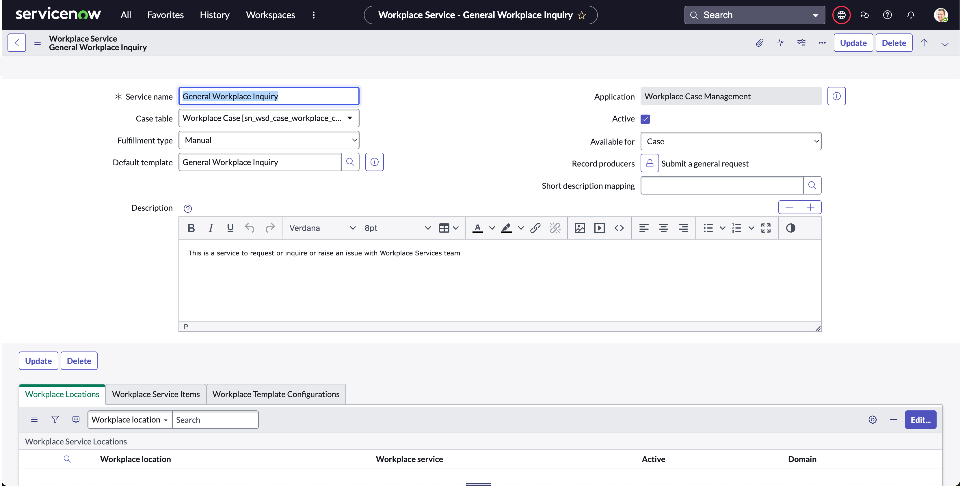 Service manuel du lieu de travail créé en tant que « Question générale sur le lieu de travail » dans l’application Gestion des tickets de lieu de travail .