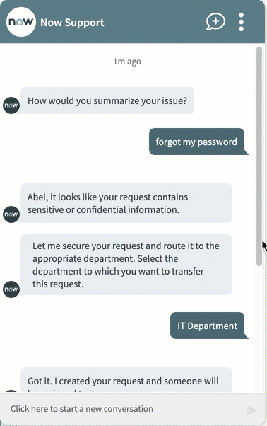 Flux de conversation VA UR pour créer une UR avec des informations sensibles.
