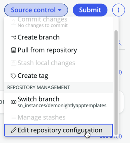 Item de menu Editar configuração do repositório