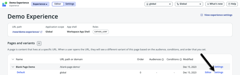 Seta que aponta para o link de configurações da variante para editar as configurações da variante da página.