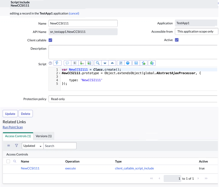 Exibe o formulário de inclusão de script e o link relacionado a controles de acesso quando o cliente chamável é selecionado.