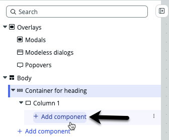 Seta que aponta para + Adicionar componente no contêiner para título.