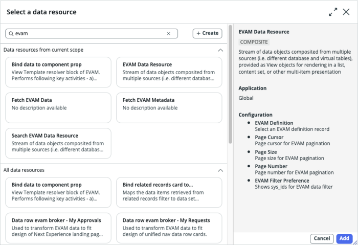 Recursos de dados do EVAM no modal Selecionar um recurso de dados.
