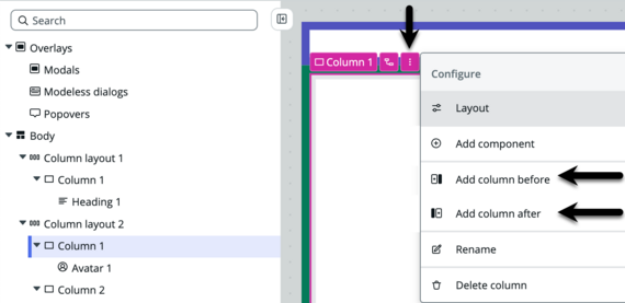 Fase mostrada com o ícone de menu de coluna selecionado mostrando as opções para adicionar uma coluna antes ou depois da coluna selecionada.