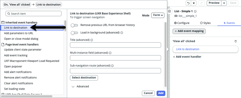 Seta que aponta para o link para o manipulador de eventos herdados de destino.
