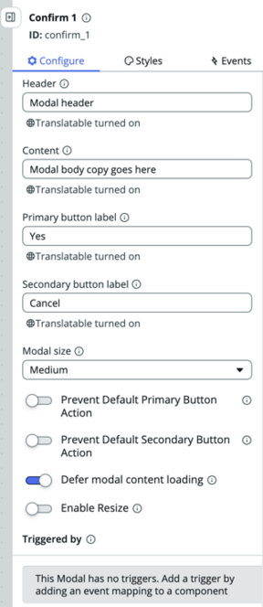 Guia Confirmar opções de configuração modal.