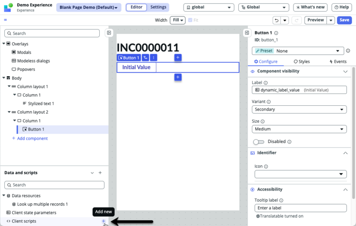Seta que aponta para o ícone + ao lado dos Client scripts na gaveta de dados do Construtor de IU.