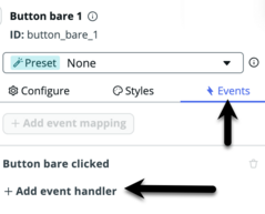 Painel de configuração simples do botão mostrado com uma seta preta apontando para a guia de eventos e uma segunda seta preta apontando para a opção + Adicionar manipulador de eventos.