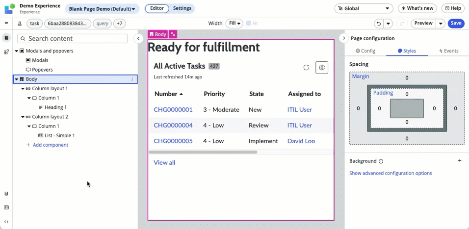Substitui valores de componente predefinidos por valores personalizados.
