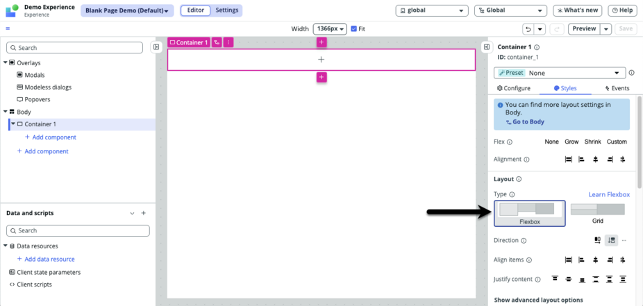 Seta apontando para a opção Flexbox na guia de estilos do painel de configuração.