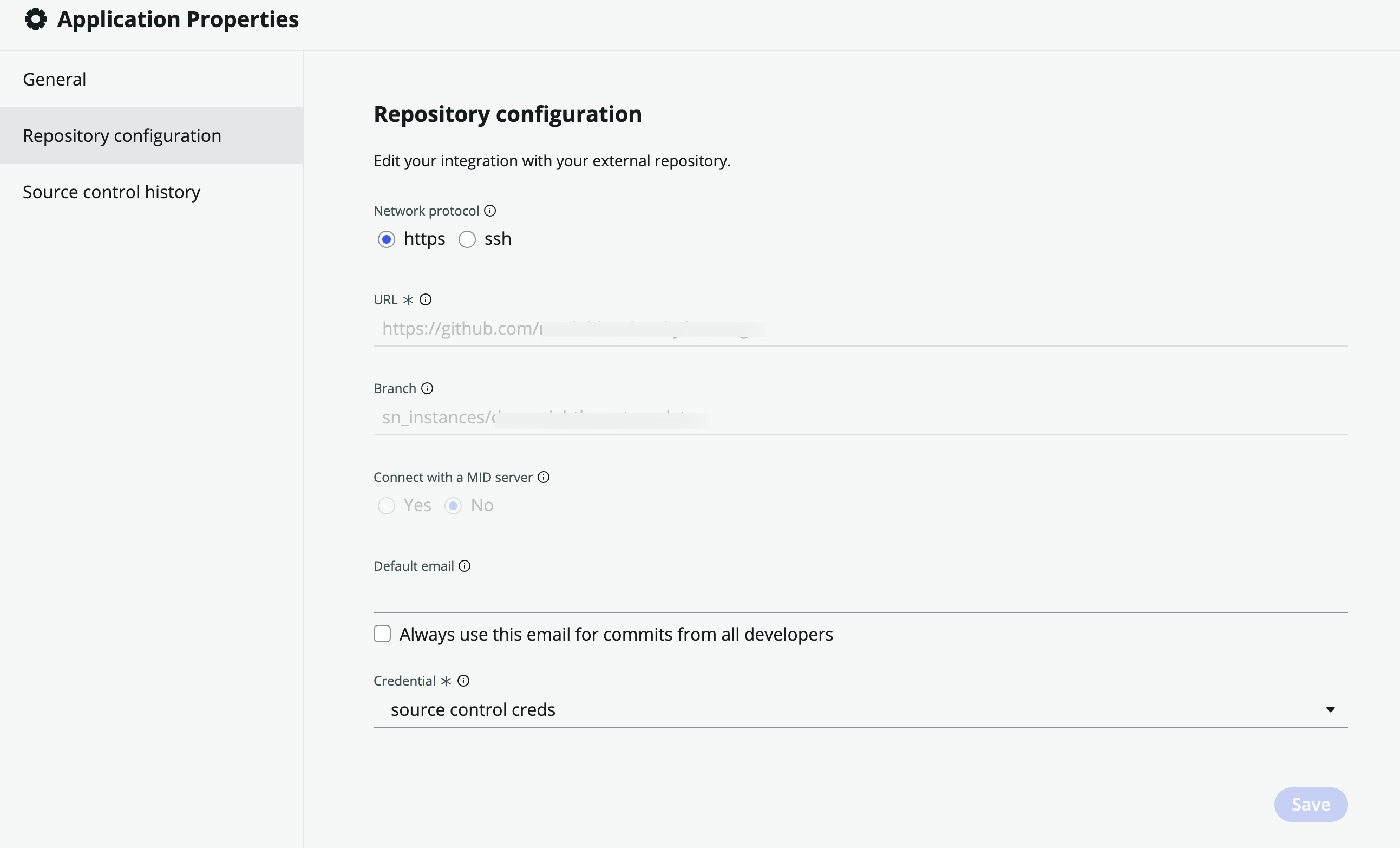 Exibir e editar configurações do repositório de aplicações