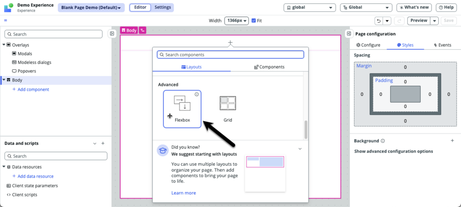 Seta apontando para a opção Flexbox na guia de layouts da caixa de ferramentas.