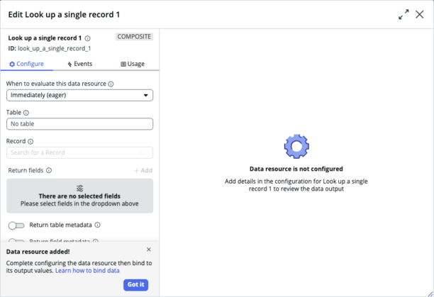 Pesquisar um modal de configuração de registro único.