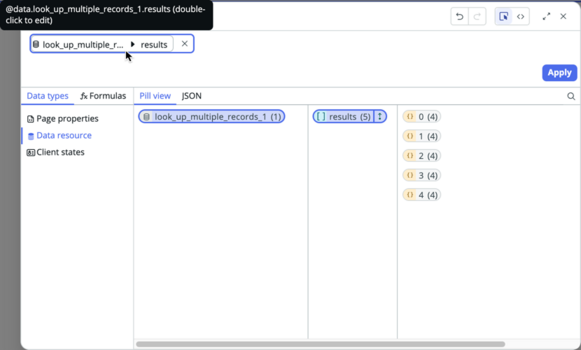 Configuração de vinculação de dados com @data.look_up_multiple_records_1.results adicionada