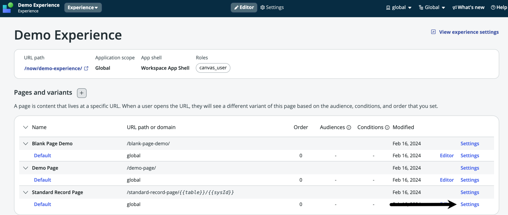 Seta que aponta para o link de configurações para editar as configurações da variante.
