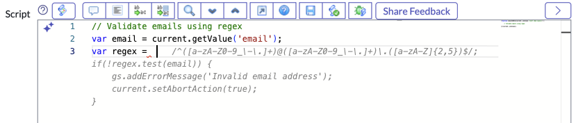 Sugestão de código para um prompt com um comentário de texto e o início de uma função para validar e-mails usando regex.
