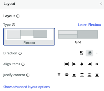 Opções de layout exibidas em um painel flutuante.