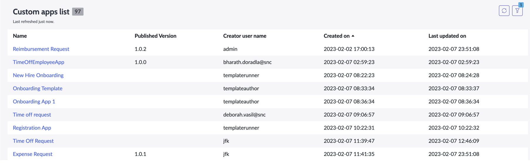 Lista de todos os apps personalizados