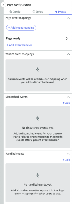 Painel de eventos no nível de página que mostra as opções de página, variante, expedida e processada para adicionar eventos.