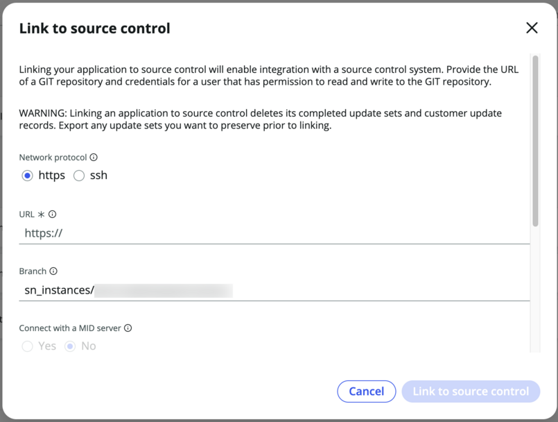 Link para a caixa de diálogo de controle de código-fonte