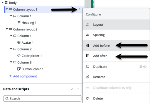 Árvore de conteúdo com o ícone de menu de layout de coluna selecionado mostrando as opções a serem adicionadas antes ou depois do layout de coluna selecionado.