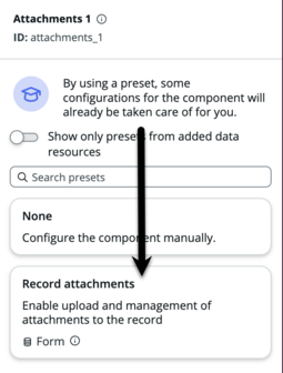 Painel de configuração do componente de anexos com a seta preta apontando para a opção de predefinição de anexos de registro.