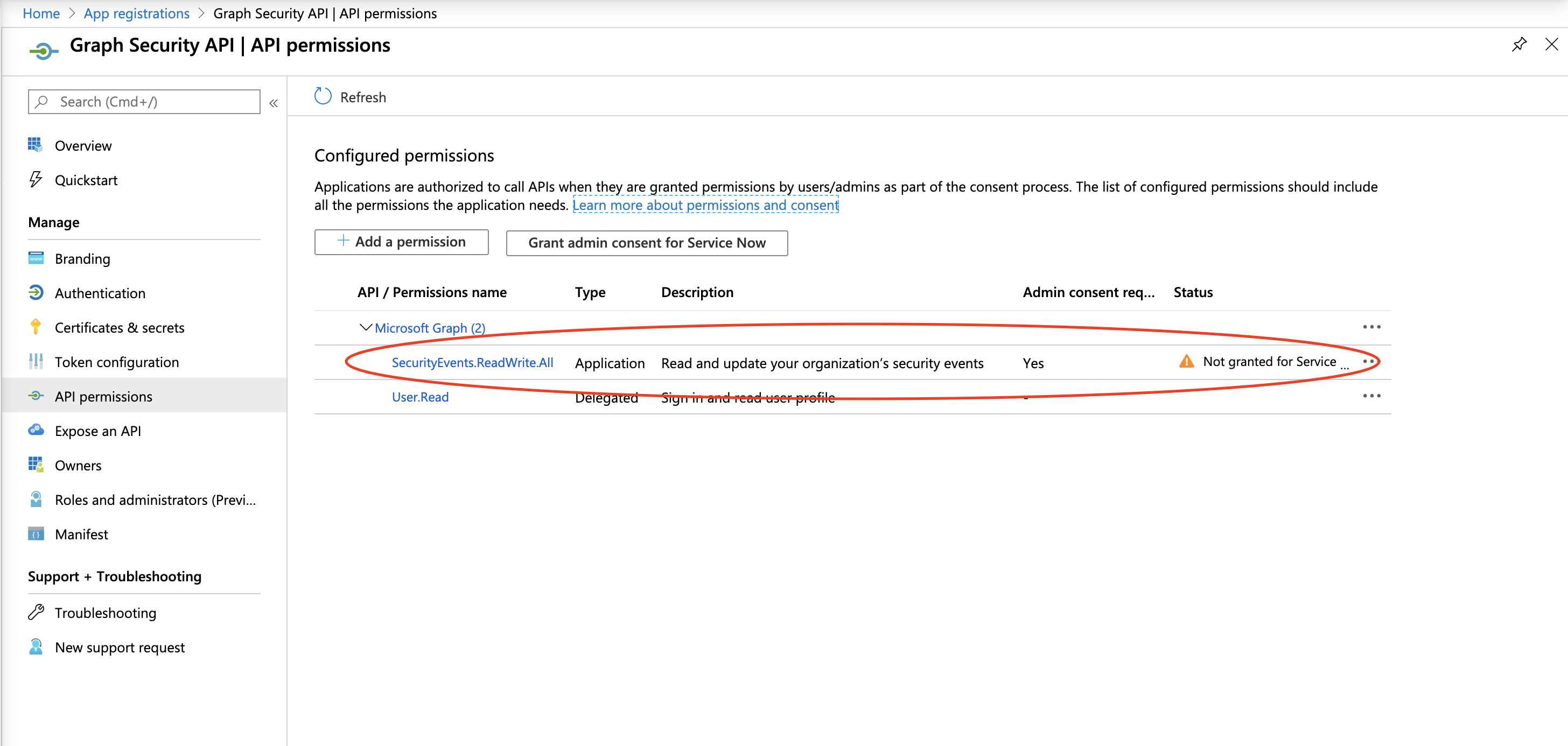 Microsoft Graph Security API 構成：アドミンの同意の付与