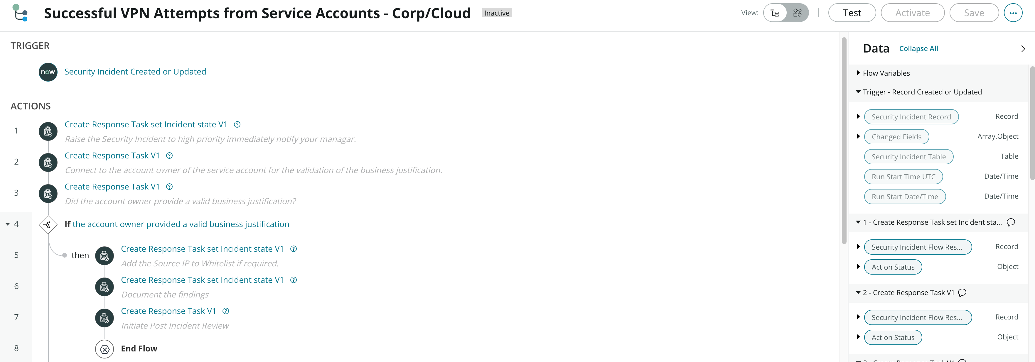 サービスアカウント所有者が有効なビジネス上の根拠を提供したかどうかを確認するための応答タスク。