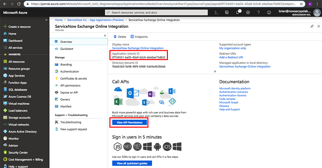 Microsoft Azure ポータルの [ServiceNow Exchange Online Integration] ペインでハイライト表示されたアプリケーションクライアント ID
