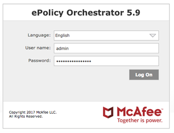 McAfee ePO コンソールのログインダイアログ。