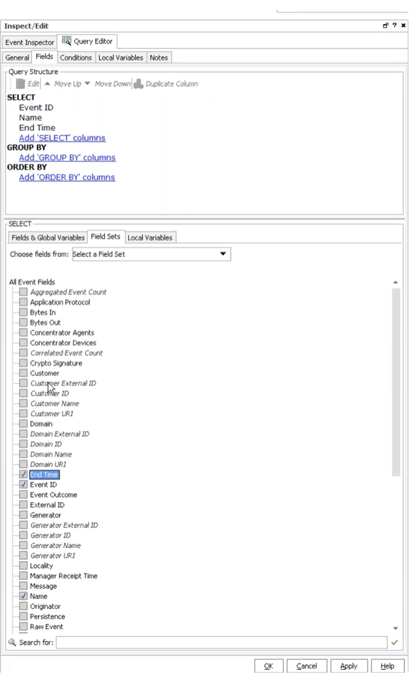 ArcSight ESM：クエリビューアーの設定：作成：フィールド