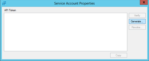[サービスアカウントのプロパティ (Service Account Properties)] ダイアログの API トークン。