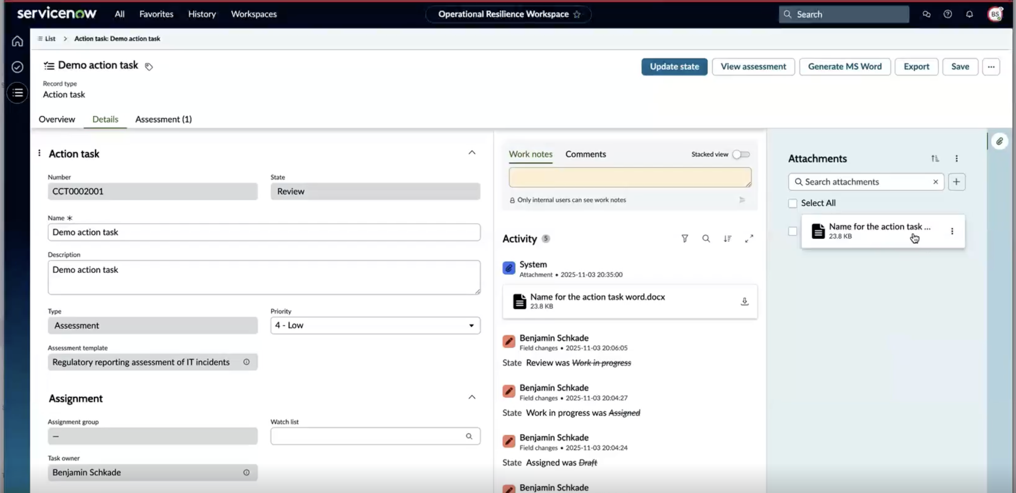 Generate MS Word UI action.