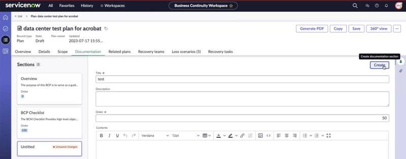 Order field in the documentation section of a BCP.