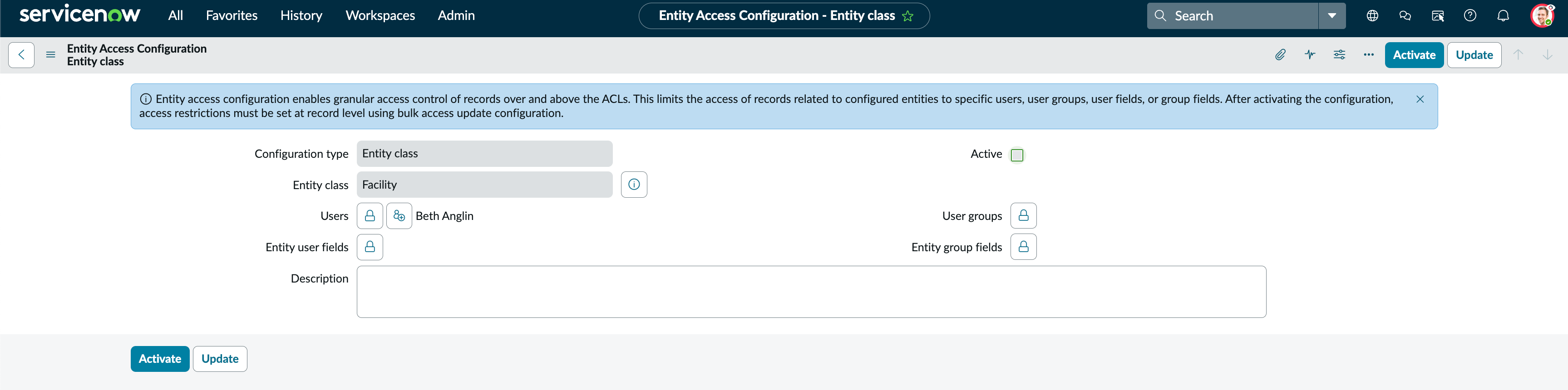 Entity class configuration screen for a user.