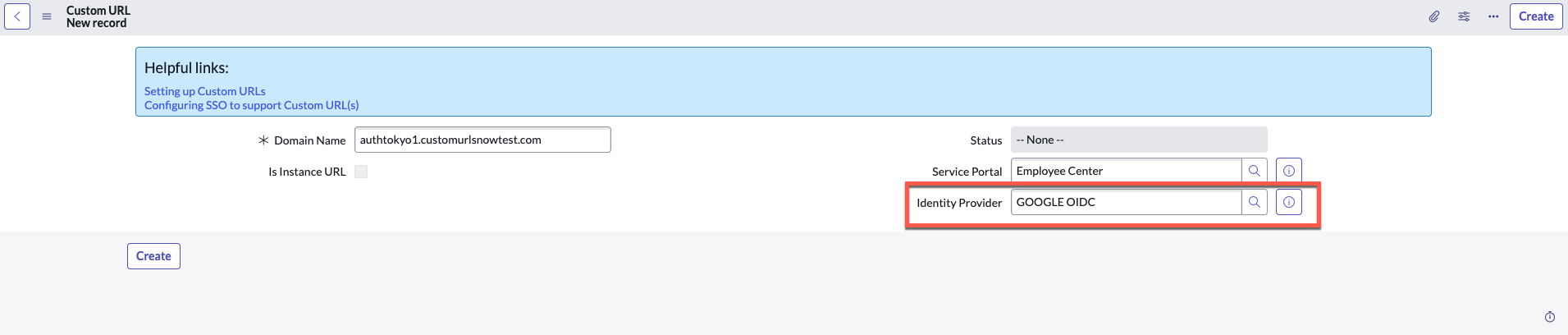 ドメイン名、ステータス、サービスポータル、および ID プロバイダー (「GOOGLE OIDC」に設定) のフィールドと、役立つセットアップリンクを備えた「カスタム URL」構成インターフェイス。