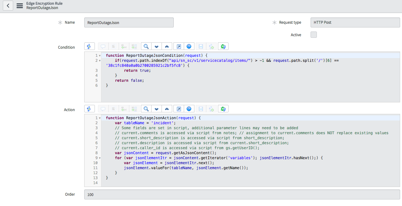 エッジ暗号化ルール:ReportOutageJson