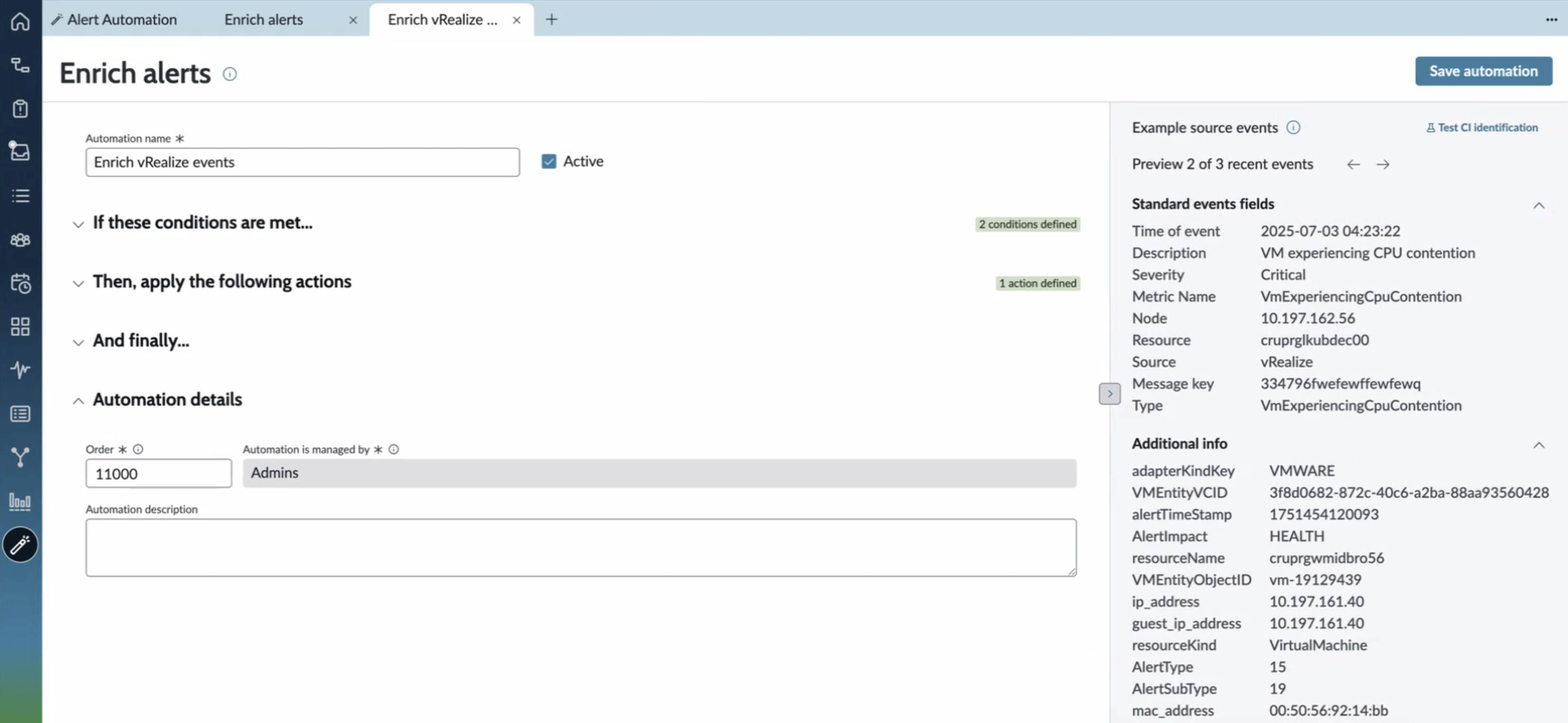[自動化の詳細を拡張 (Enrich automation details)] セクション