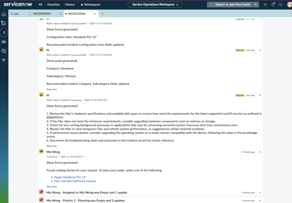 AI native work notes activity with no chat panel.