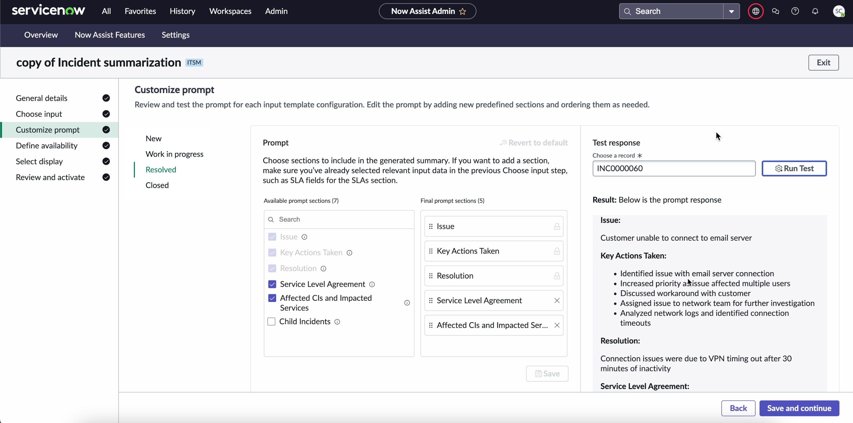 Customize prompt screen that shows the input template states and the Edit prompt button to modify prompts in the Now Assist skill kit.