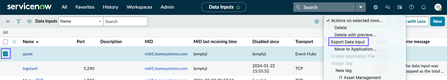 Export Data Input option on the Actions on selected rows drop-down menu.