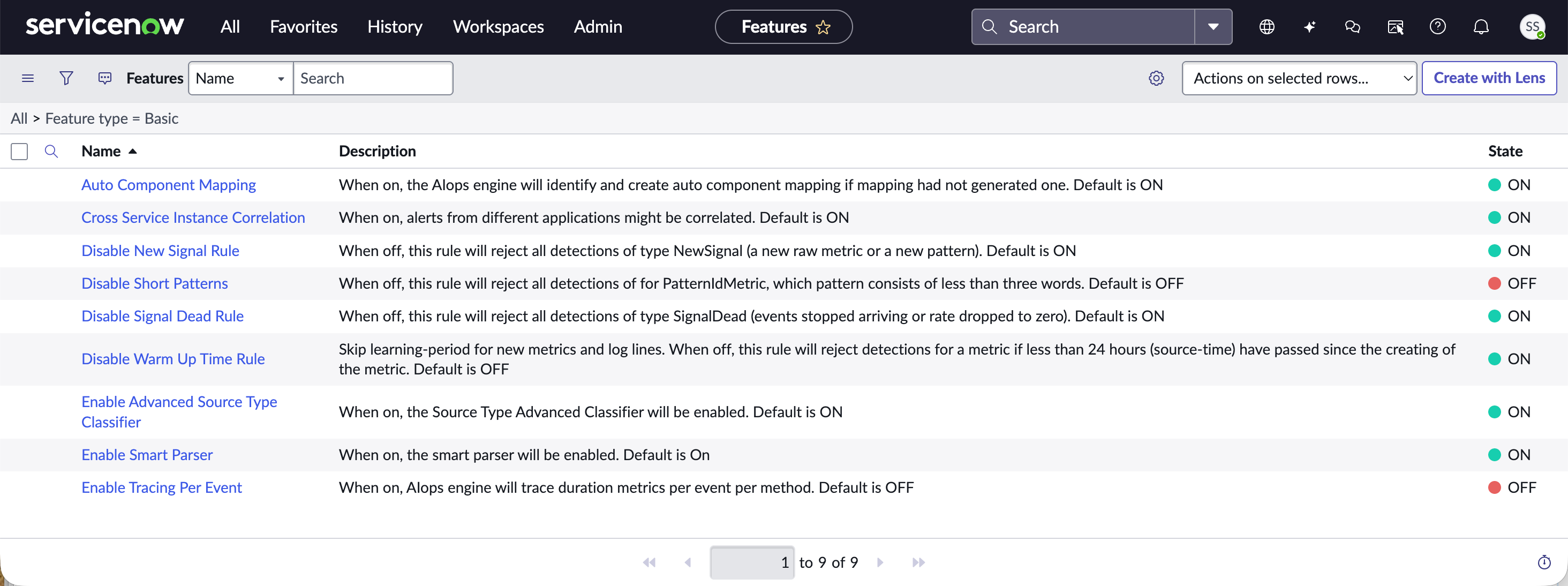 Features list of Log Analytics feature descriptions and settings.