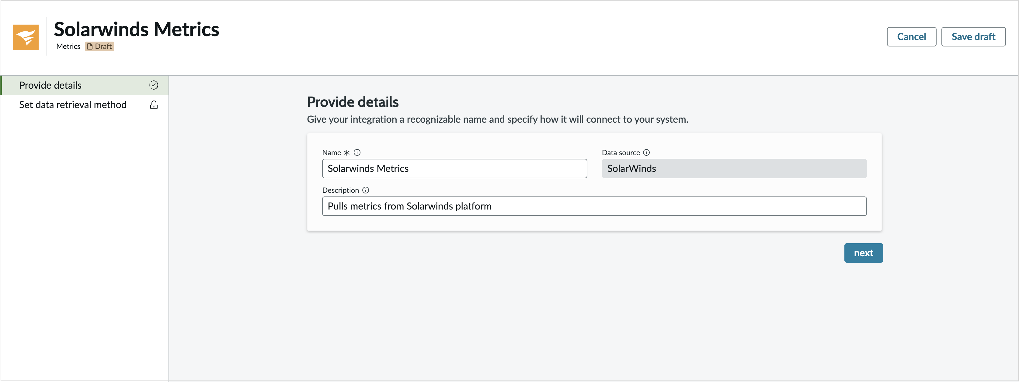 Solarwinds メトリクスコネクタの詳細ページ。