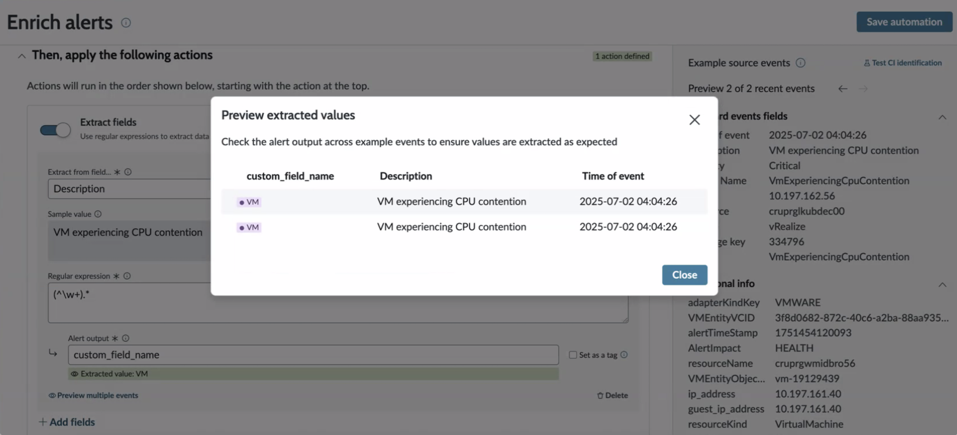 Preview extracted values from multiple events
