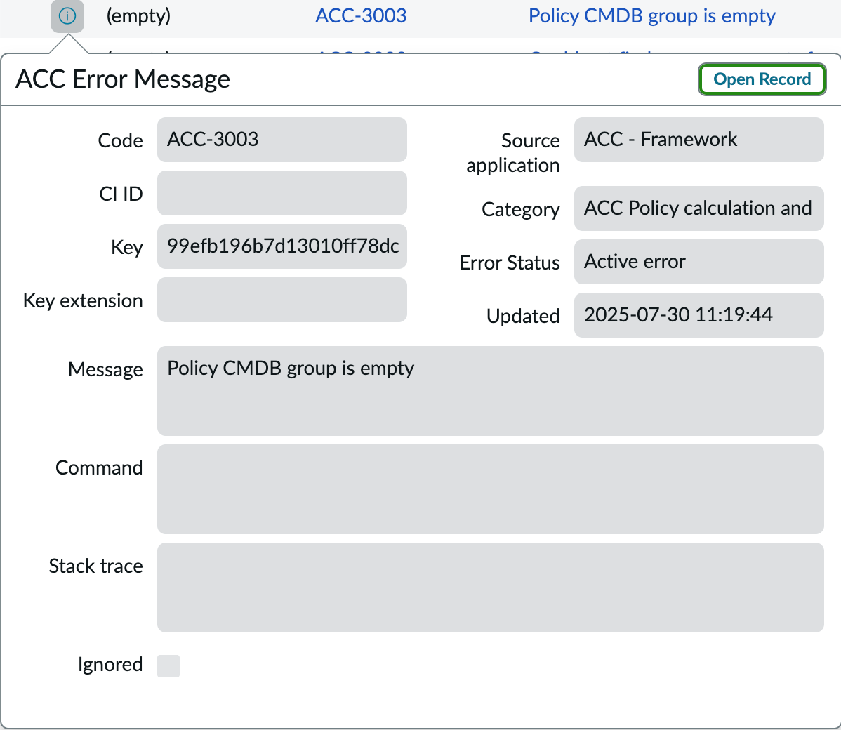 ACC Error Message popup window