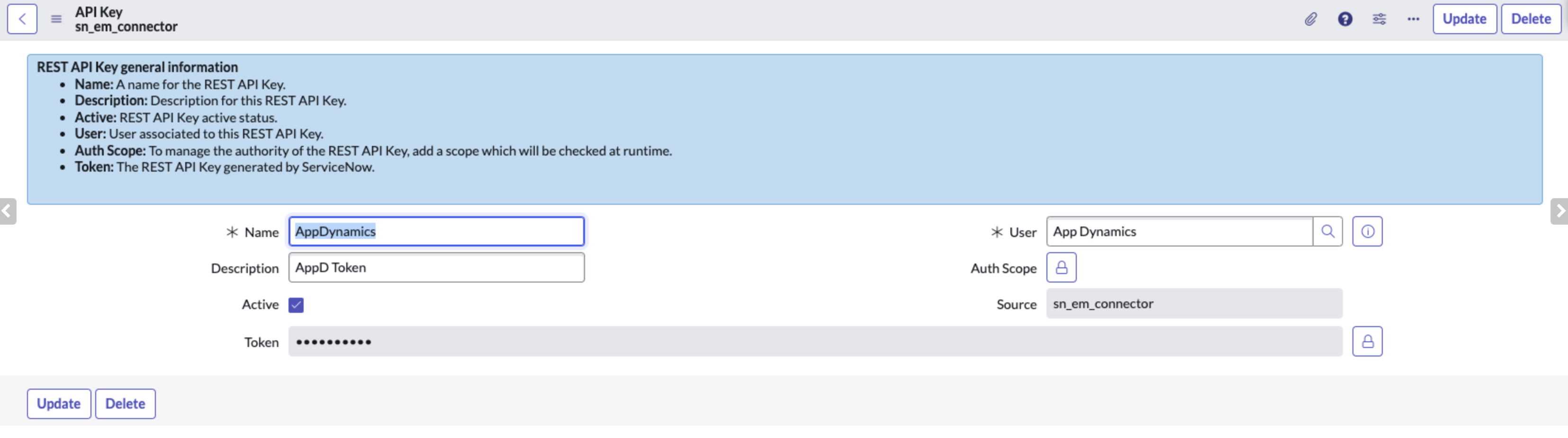 Rest API token generated in the Token field.