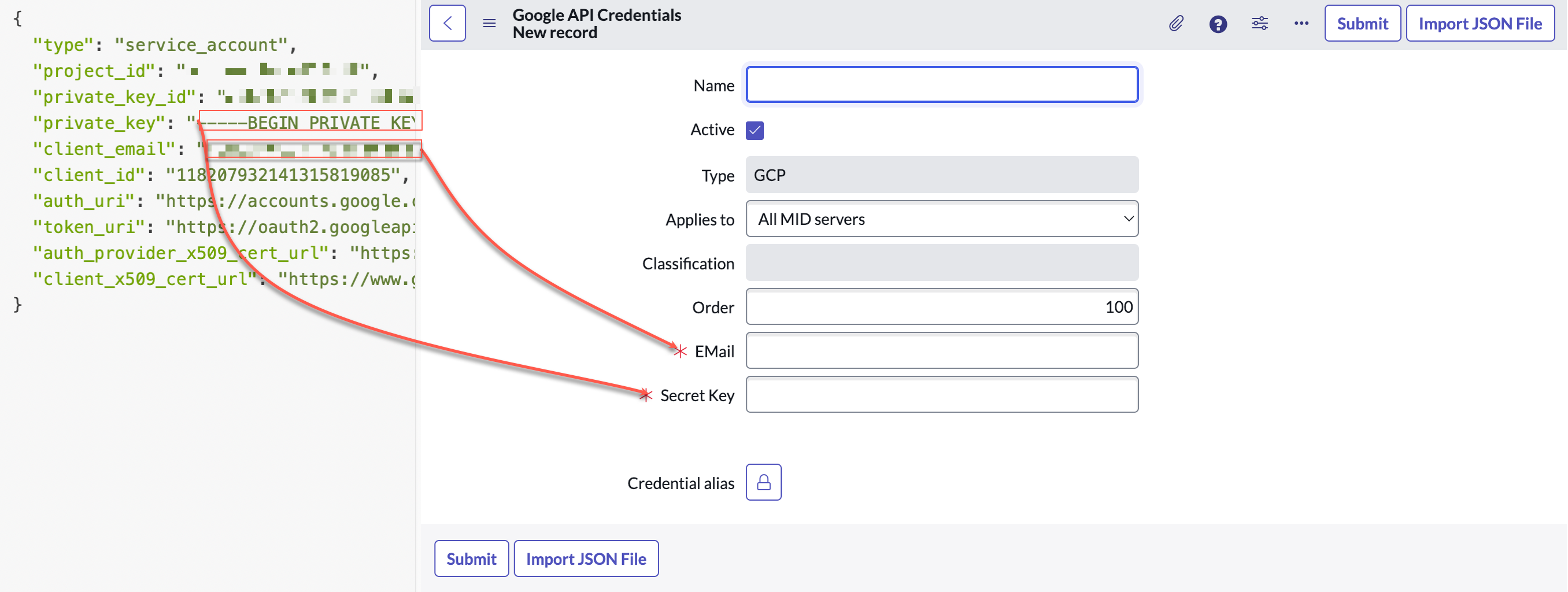 インスタンスでの Google Cloud プラットフォーム 認証情報の指定